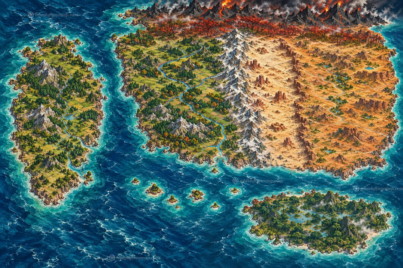 Painted Wheel of Time map of the world showing the Westlands, the Aiel Waste, Shara and the Seanchan Empire